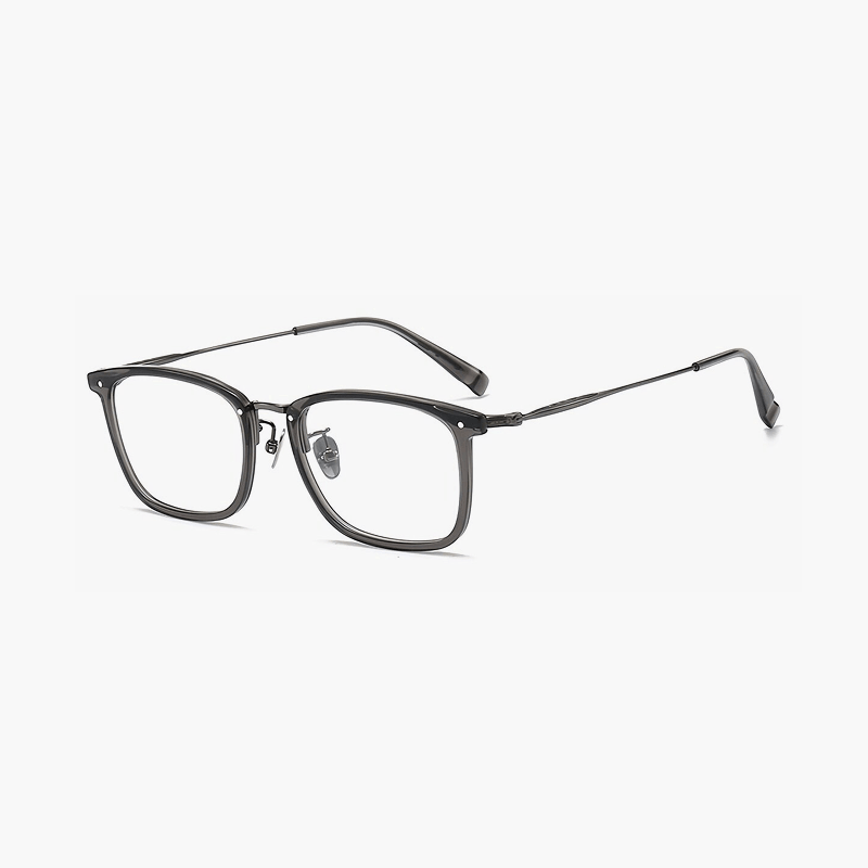 Rectangular eyeglasses frame with gray gradient and titanium temples