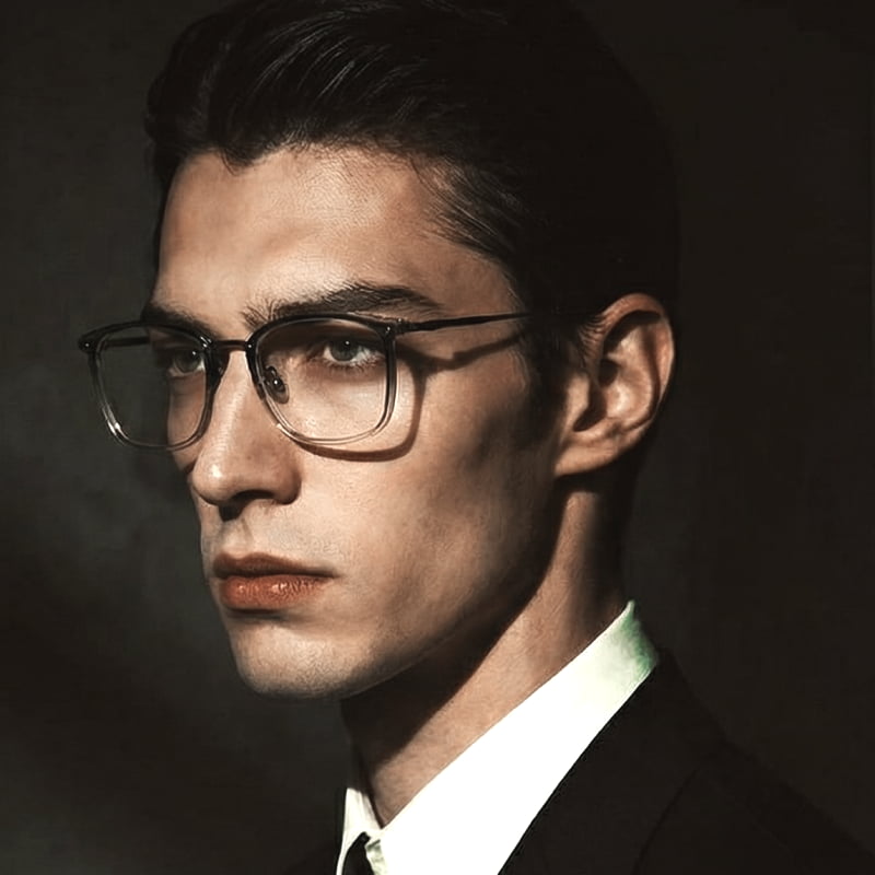 Man wearing Rectangular eyeglasses frame with gray top and champagne bottom gradient and titanium temples and a suit against a dark background