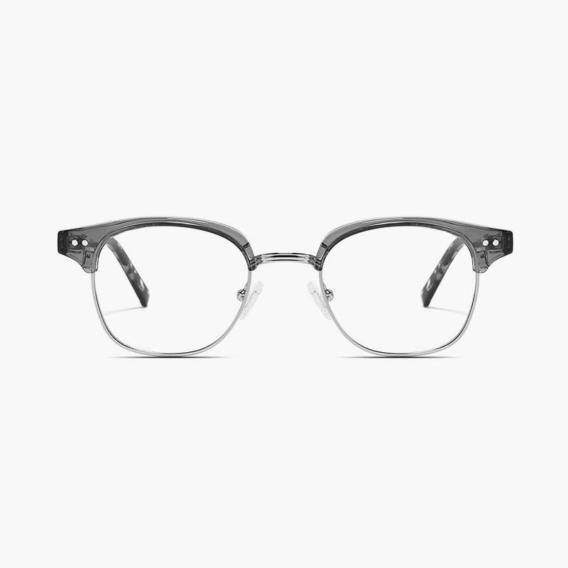 Pair of eyeglasses with a gray frame on a white background