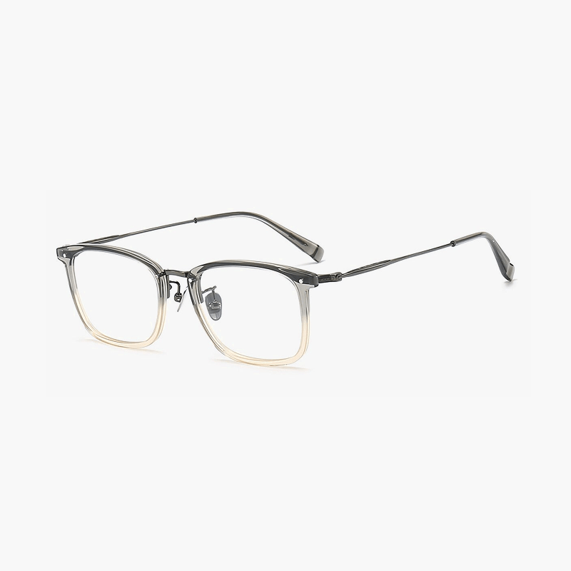 Rectangular eyeglasses frame with gray top and champagne bottom gradient and titanium temples