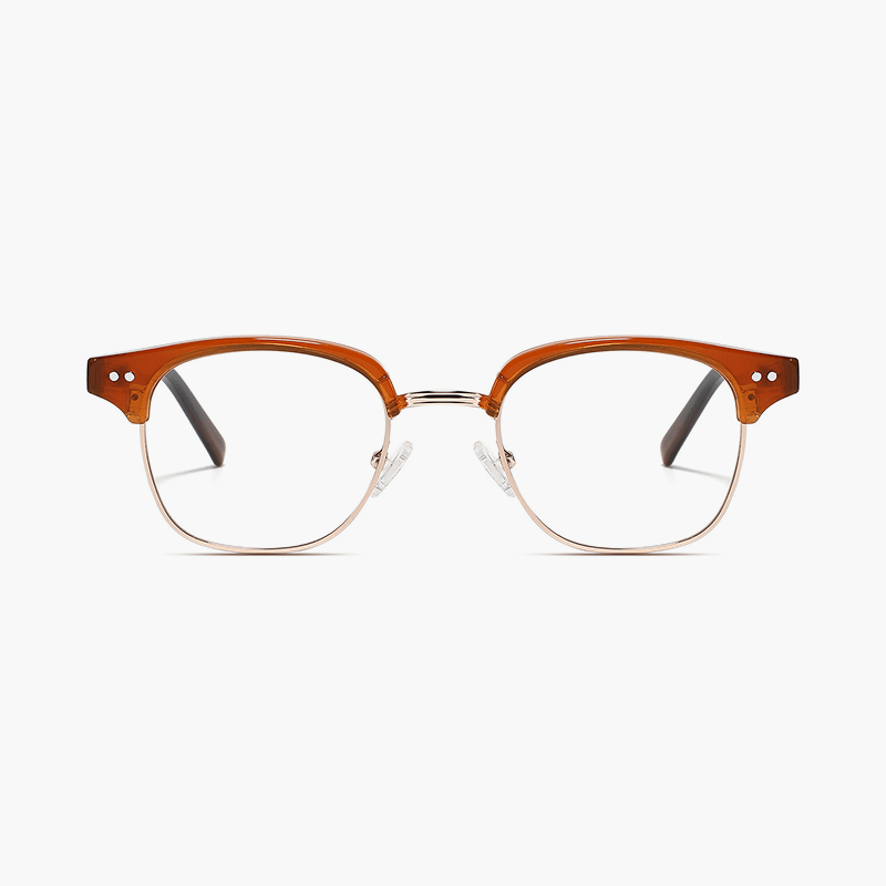 Pair of eyeglasses with a brown frame on a white background