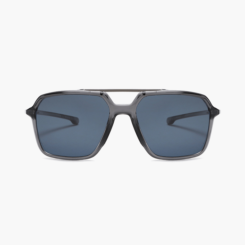 Sunglasses with dark lenses and metallic frame on a white background