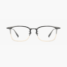Rectangular eyeglasses frame with gray top and champagne bottom gradient and titanium temples