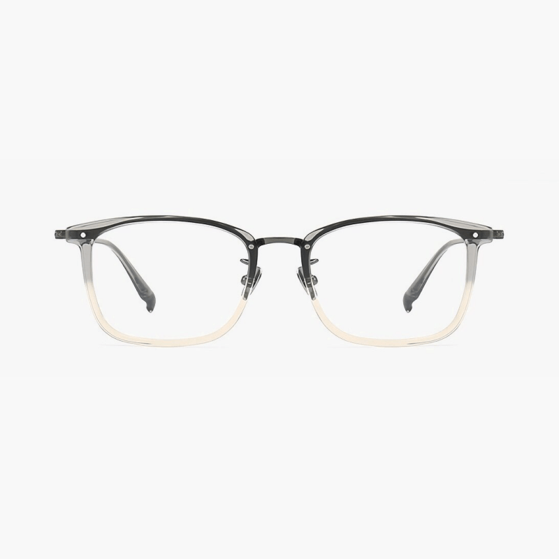 Rectangular eyeglasses frame with gray top and champagne bottom gradient and titanium temples